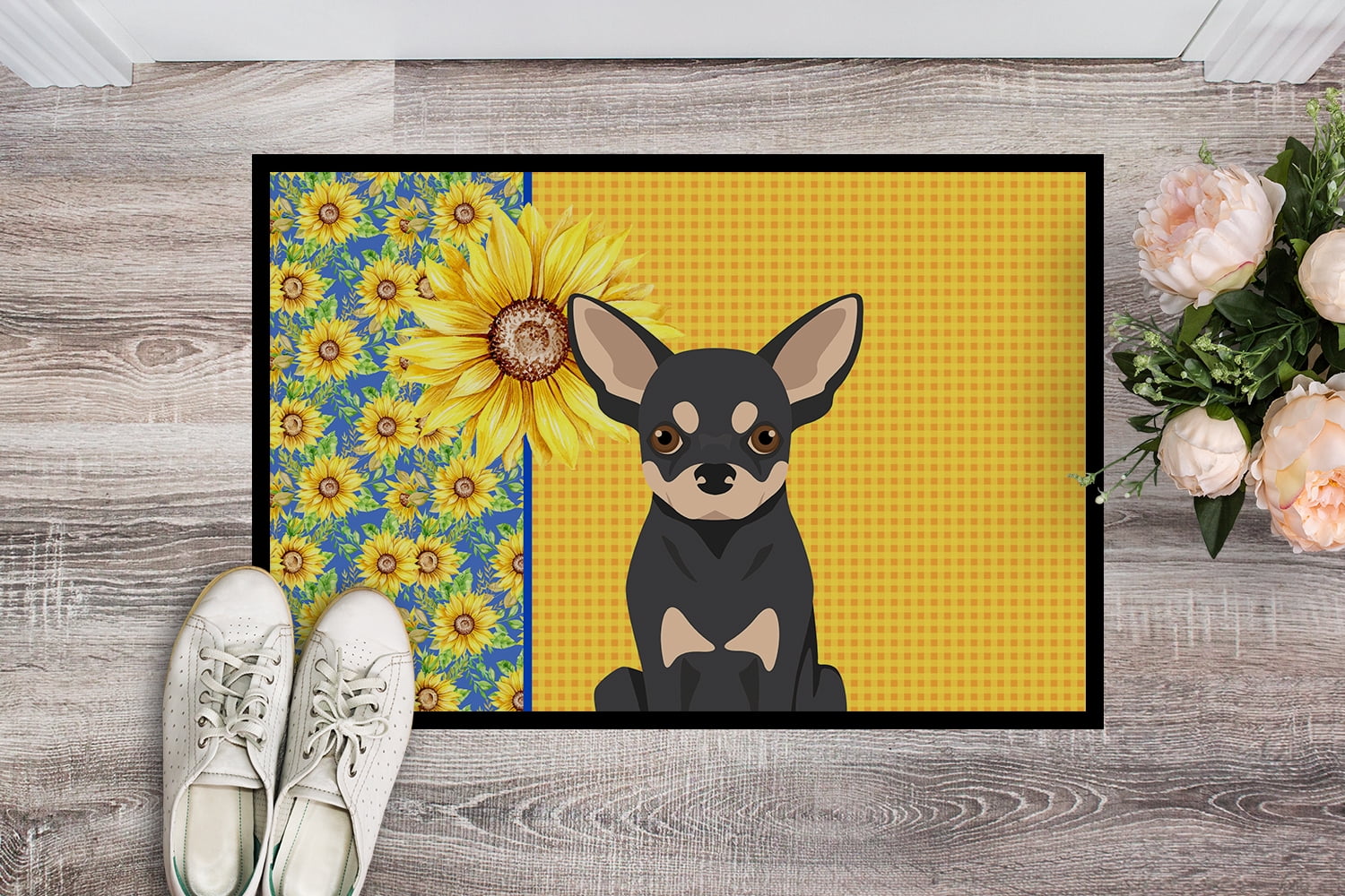 Carolines Treasures WDK5372JMAT 24 x 36 in. Summer Sunflowers Black & Cream Chihuahua Indoor or Outdoor Mat