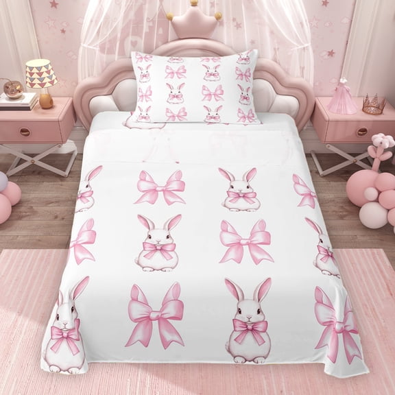 Erosebridal Cartoon Rabbit Twin Sheet Sets for Girls, Dreamy Bow Tie Bedding, 1 Flat Sheet 1 Fitted Sheet and 1 Pillowcase, 3 Piece