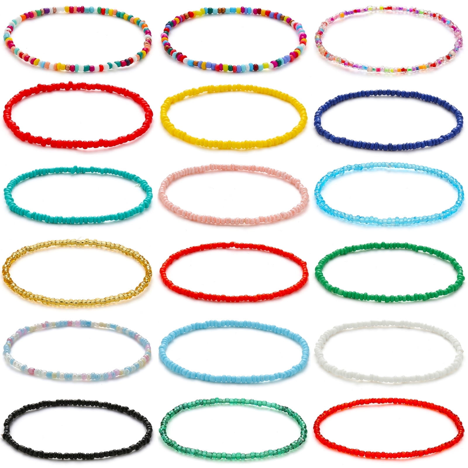 XIJIN 18Pcs Elastic Beaded Anklets for Women Boho Mutilcolor Beads Ankle Bracelets Set