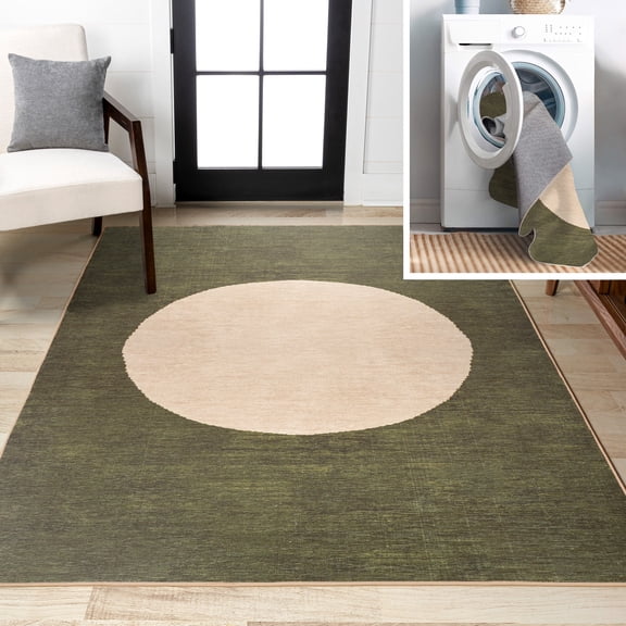 JONATHAN Y WASHABLE 3 x 5 Area Rug, Cirkel Minimalist Geometric Dot - Green/Cream, WSH113B-3