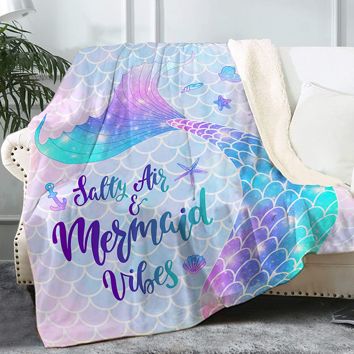 Tree Mermaid Blanket, Cute Mermaid Tail Scales Fuzzy Soft Cozy Warm