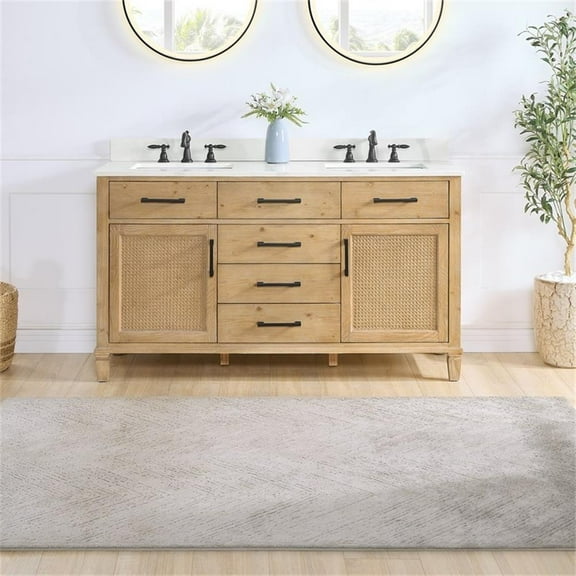 Solana 60" Wood Vanity in Weathered Fir Calacatta White Quartz Top no Mirror