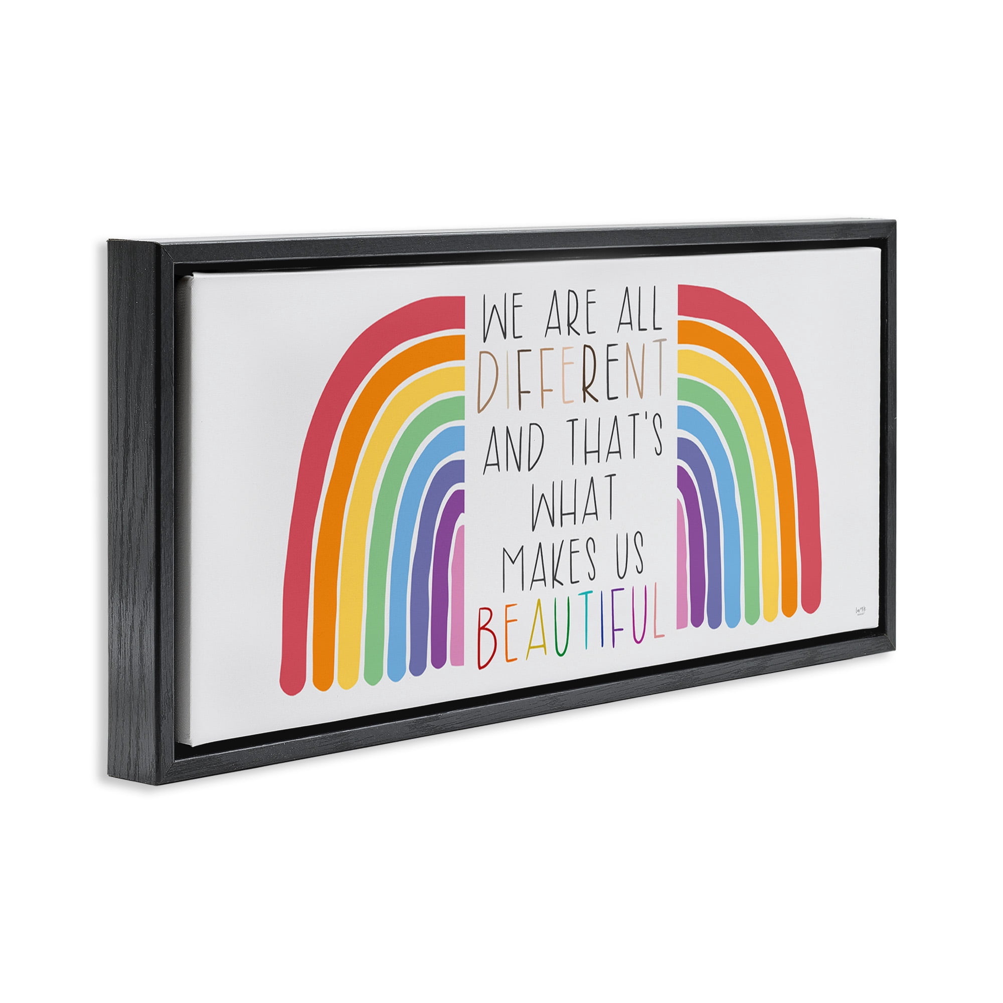 Stupell Industries Different Is Beautiful Rainbow Inspirational Painting Black Floater Framed Canvas Art Print Wall Art, 31 x 14