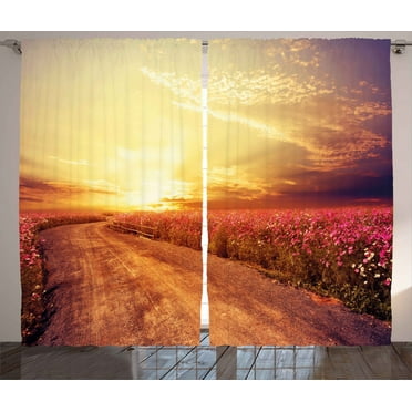 Ambesonne Scenery Curtains 2 Panel Set, Cosmos Flower Field, 108" x 90", Orange and Yellow