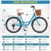 7 Speed 26IN Beach Cruiser Bike for Adult with Basket & Lock, Lightweight Step Through Women Bicycles, Shimano City Commuter Bicycle for Women Men, Shoping and Exercise