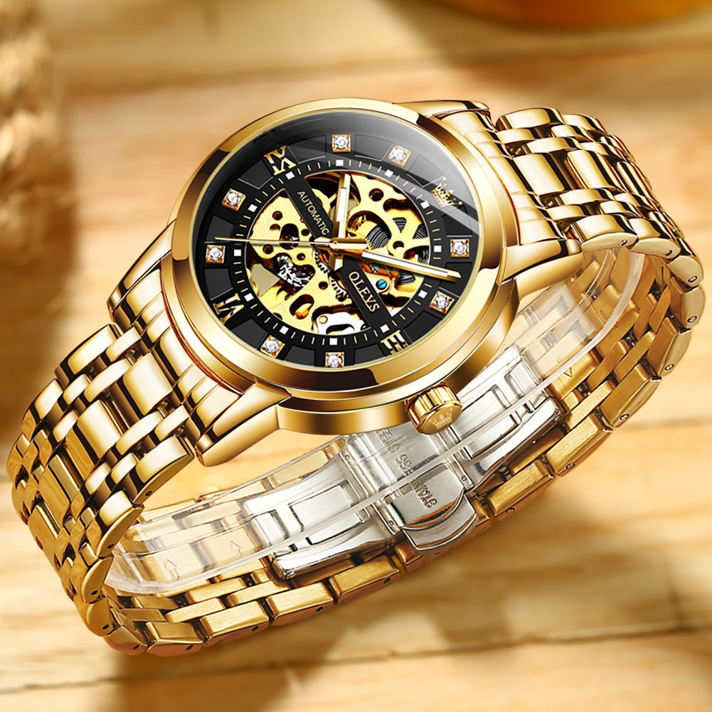 OLEVS Skeleton Watches for Mens Automatic Mechanical self Winding Diamond Luxury Business Dress Stainless Steel Waterproof Luminous Mens Wrist Watches Reloj Para Hombre Blue/White/Black/Gold Dial
