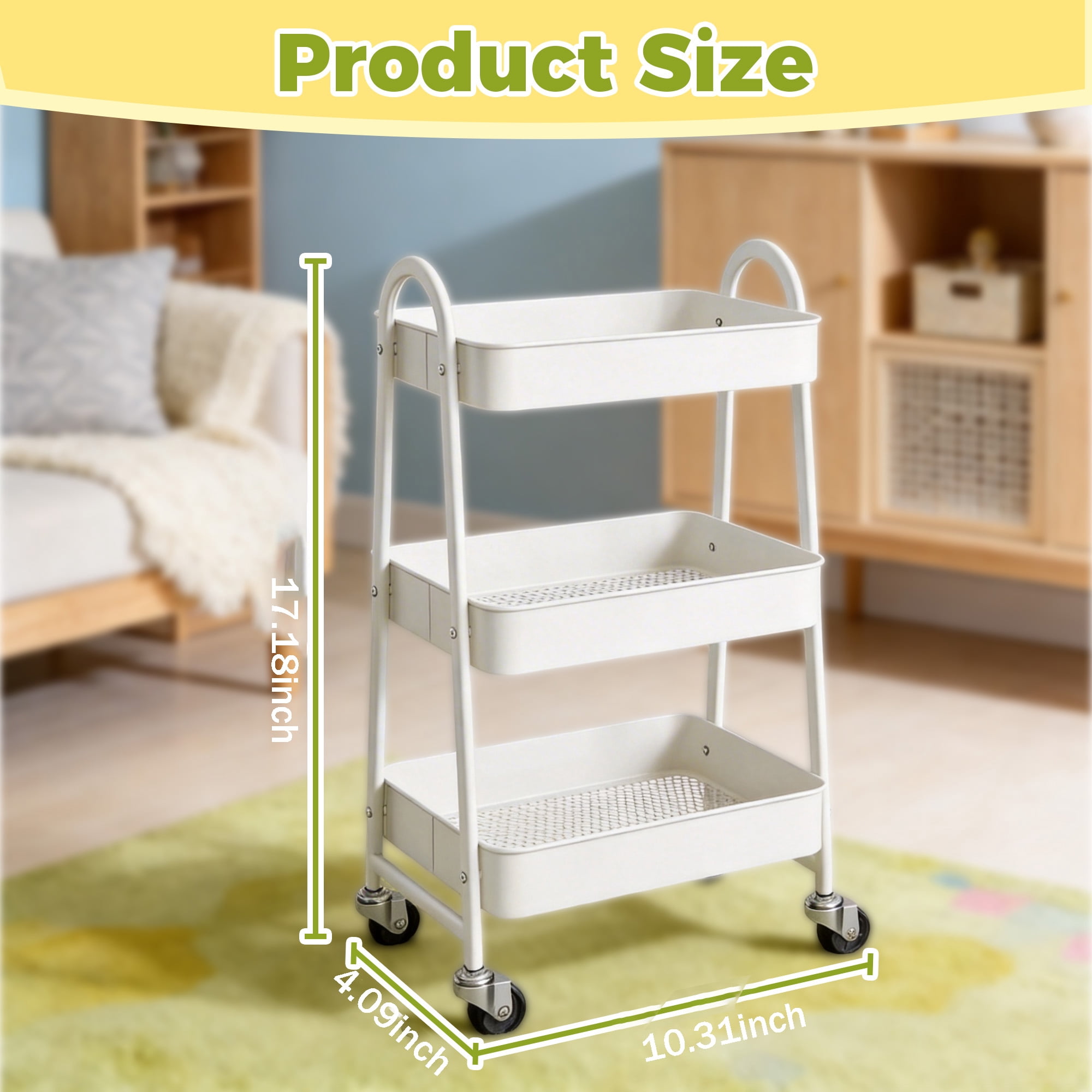 3-Tier Rolling Storage Cart, Metal Utility Organizer Cart, Metal Mesh Rolling Storage Cart with Lockable Wheels, Utility Organizer Cart for Kitchen, Bathroom, Laundry Room, Office & Narrow Spaces