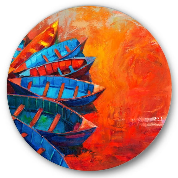 Designart 'Boats During Warm Sunset Resting On The Water V' Nautical & Coastal Circle Metal Wall Art 36x36 - Disc of 36