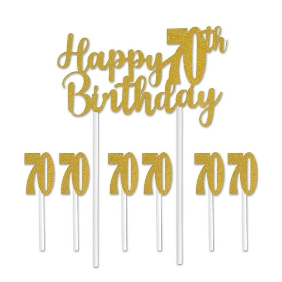 Set of 12 Gold Happy 70th Birthday Cake Topper 8.25"