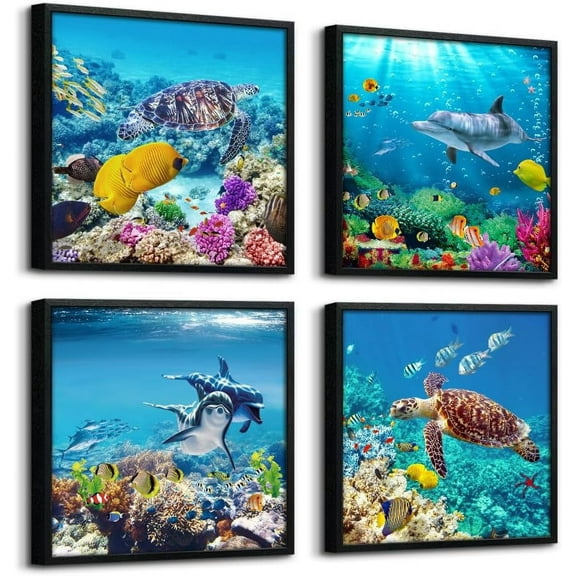 VELVET Set Of 4 Piece Black Wall Art For Living Room Family Bedroom Wall Pictures Artwork Wall Decor Coral Sea Fish And Turtles Blue Ocean Theme Painting Ready to Hang Modern Decor 18x12inch Framed