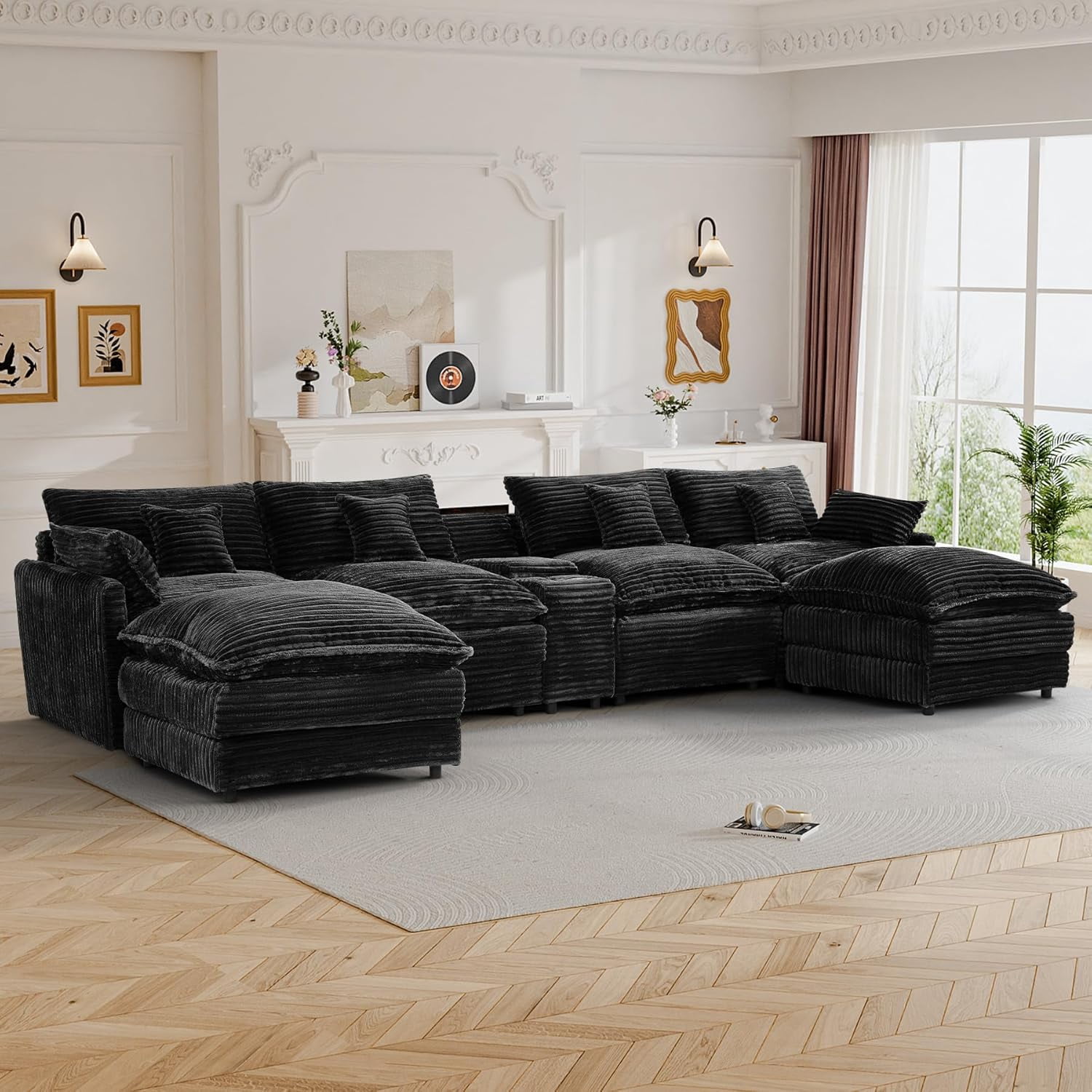 ShiKeyi Oversided 145" U Shaped Cloud Couch Sectional, DeepSeat Sofa Bed with USB Charging, Hidden Storage, Cup Holders & Chenille Double Chaise, Black