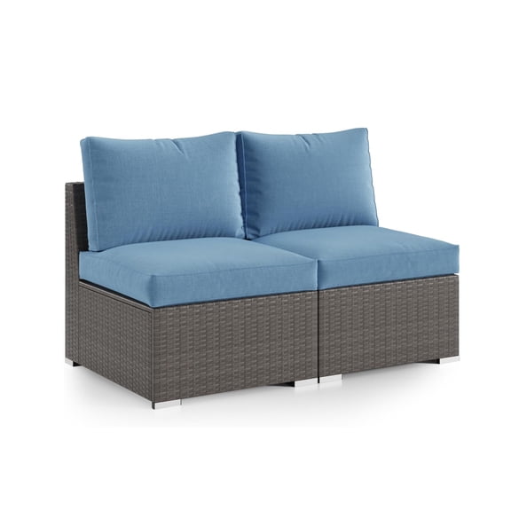 59.8"Width Outdoor Wicker Armless Sofa Set, 2-Piece Patio Loveseat Set with Blue Cushions