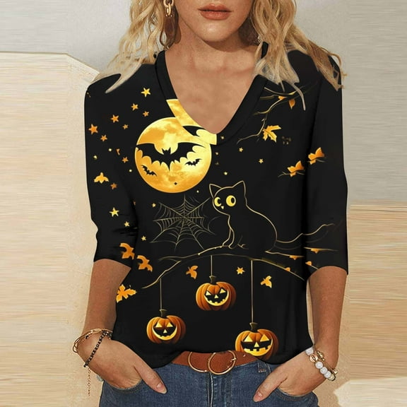 PNTUTB Women's Fashion Halloween Printed 3/4 Sleeve Tops V Neck Tops Basic Tees Comfortable Blouse