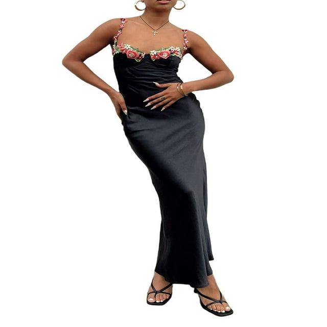 Women‘s Sleeveless Spaghetti Strap Flower Embroidery Bodycon Cocktail Dresses
