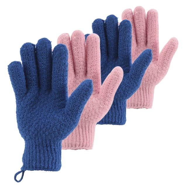 cLEEDY Guantes exfoliantes de baño Exfoliante - 4 piezas (2 pares) Guantes exfoliantes alargados y grandes para masaje de spa de ducha - Manoplas exfoliantes para cuerpo, cara, manos y pies, azul y ro