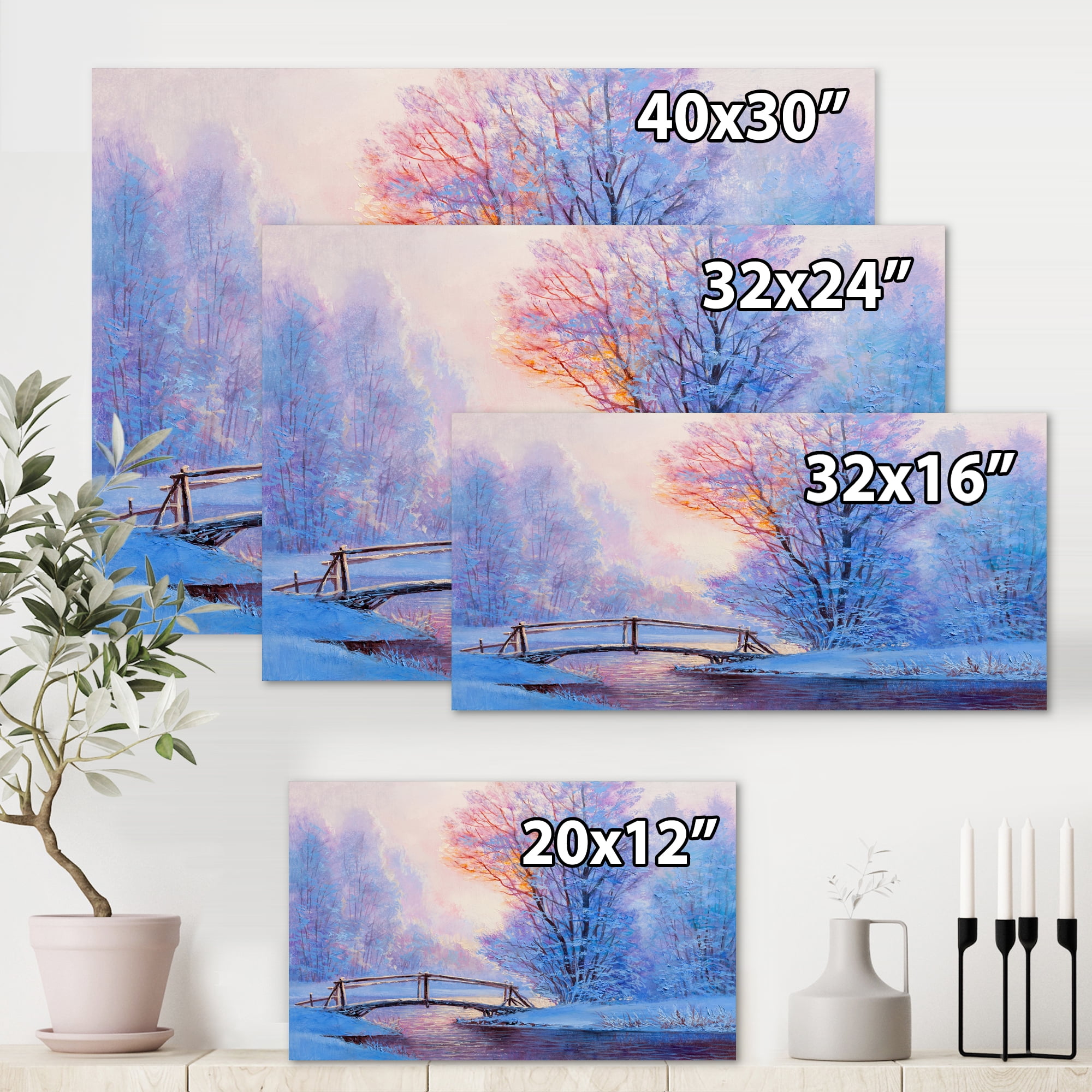Winter Landscape With A Bridge and A River 8 in x 12 in Painting Canvas Art Print, by Designart
