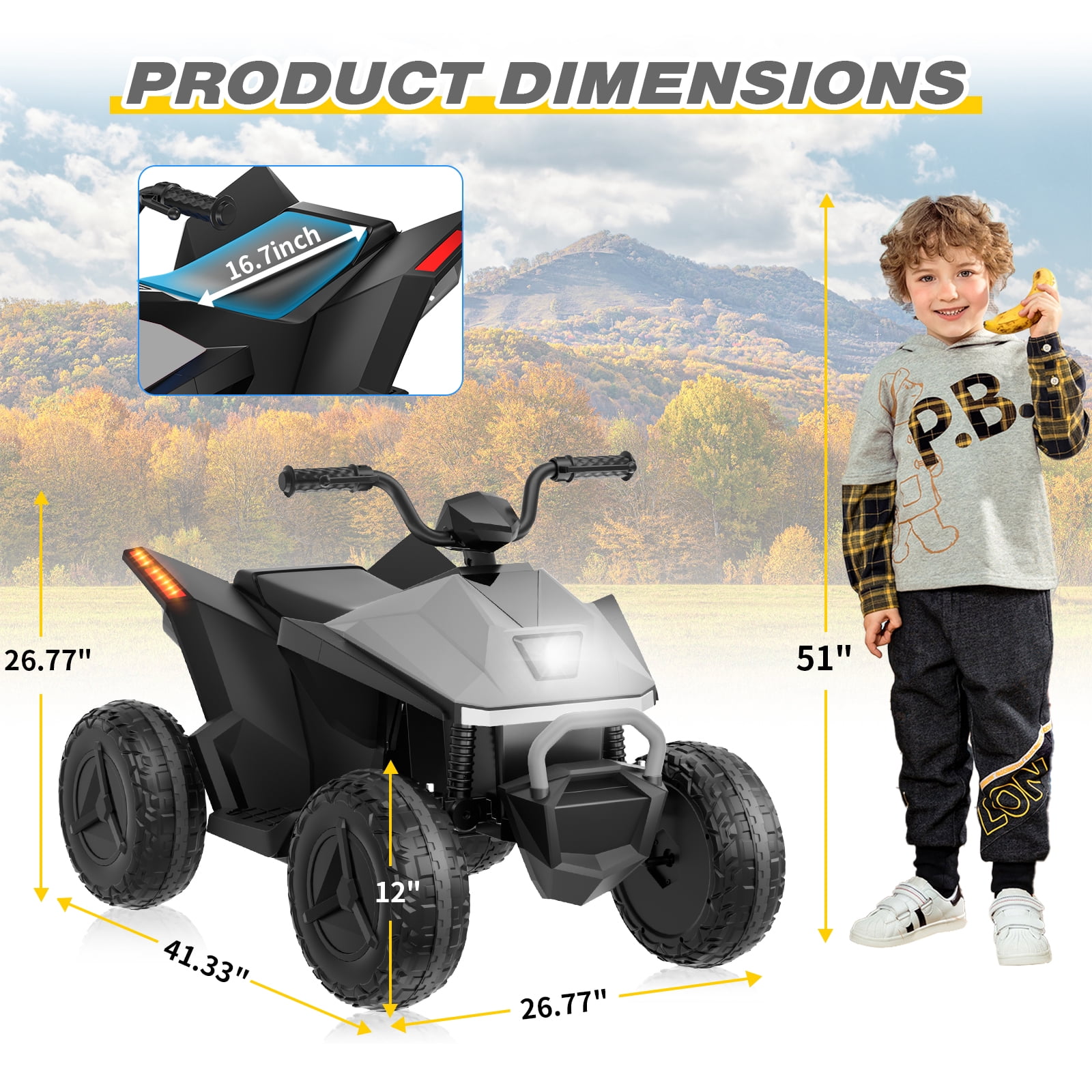 HHVEL 24V Kids ATV 4 Wheeler, Ride on Toy Car for Big Kids with 2 Seater, LED Headlights, Bluetooth, Music 4.5mph Max Speed Ride on ATV for 3-8 Boys & Girls，Gray