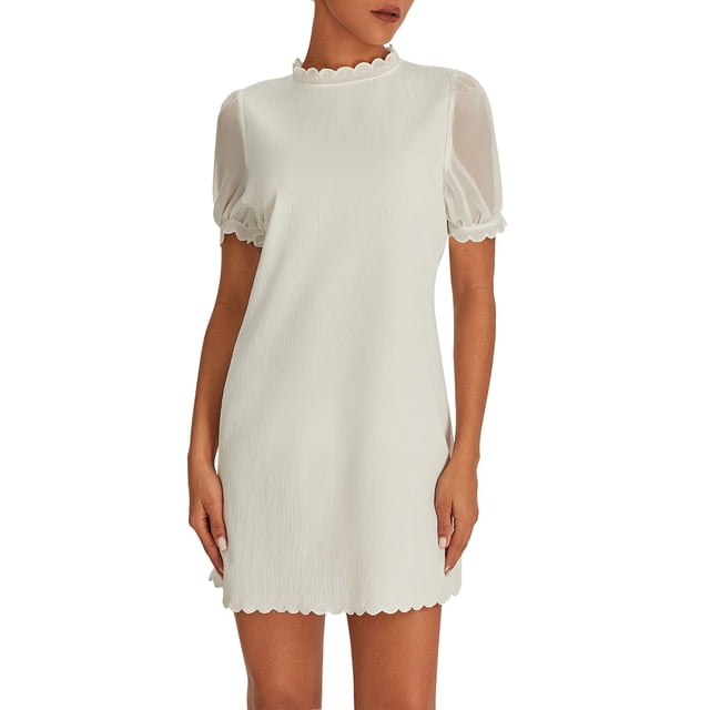 Mialoley Robe d'Été Mini Décontractée pour Femmes Manches Courtes Bouffantes Col Rond Ourlet à Volants Blanc