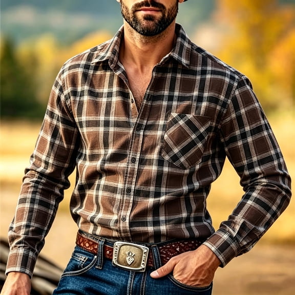 SGFCWSX Men's Flannel Shirt Plaid Long Sleeve Button Down Western Casual with Chest Pocket Shirts Coffee Size 4XL