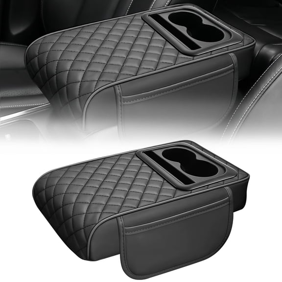 Car Center Console Armrest Cushion, 2-in-1 Memory Foam Arm Rest Pad with Cup Holder & Phone Storage, Waterproof Leather Car Interior Accessories