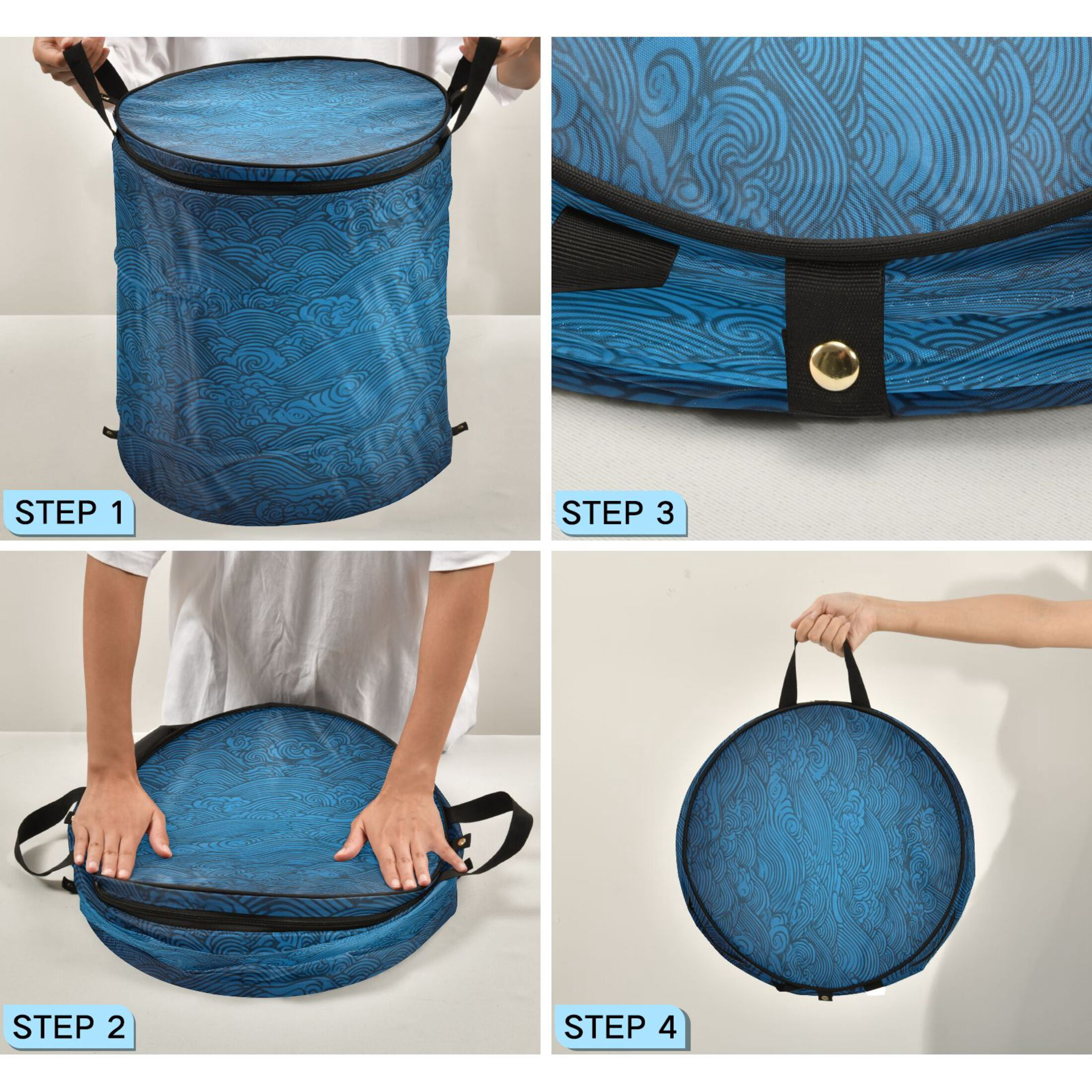 50L Extra Large Popup Hamper Collapsible Laundry Basket With Zippered Lid 15.7x18.5in Water Waves in Deep Blue