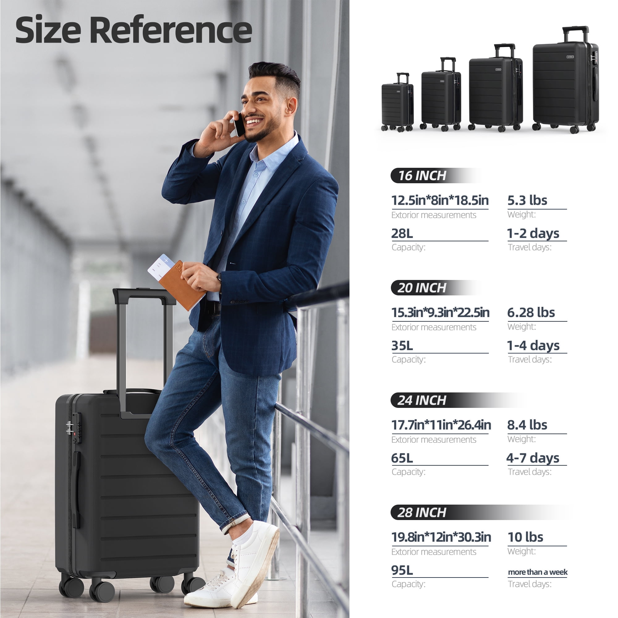 Sunbee 28" Unisex 4 Piece Hardside Expandable Luggage Set, Black