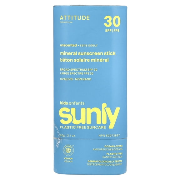 ATTITUDE Sunly, Mineral Sunscreen Stick, For Kids, SPF 30, Unscented, 2.1 oz (60 g)