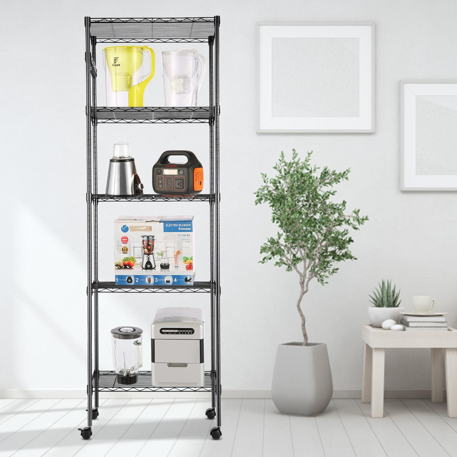5-Tier 600 lbs Carrying Capacity Wire Shelf 72" Steel Shelf Tier Height Adjustable Metal Racks with 4 Wheels & 4 Hooks for Garage Kitchen Storage Organizer Shelving Unit