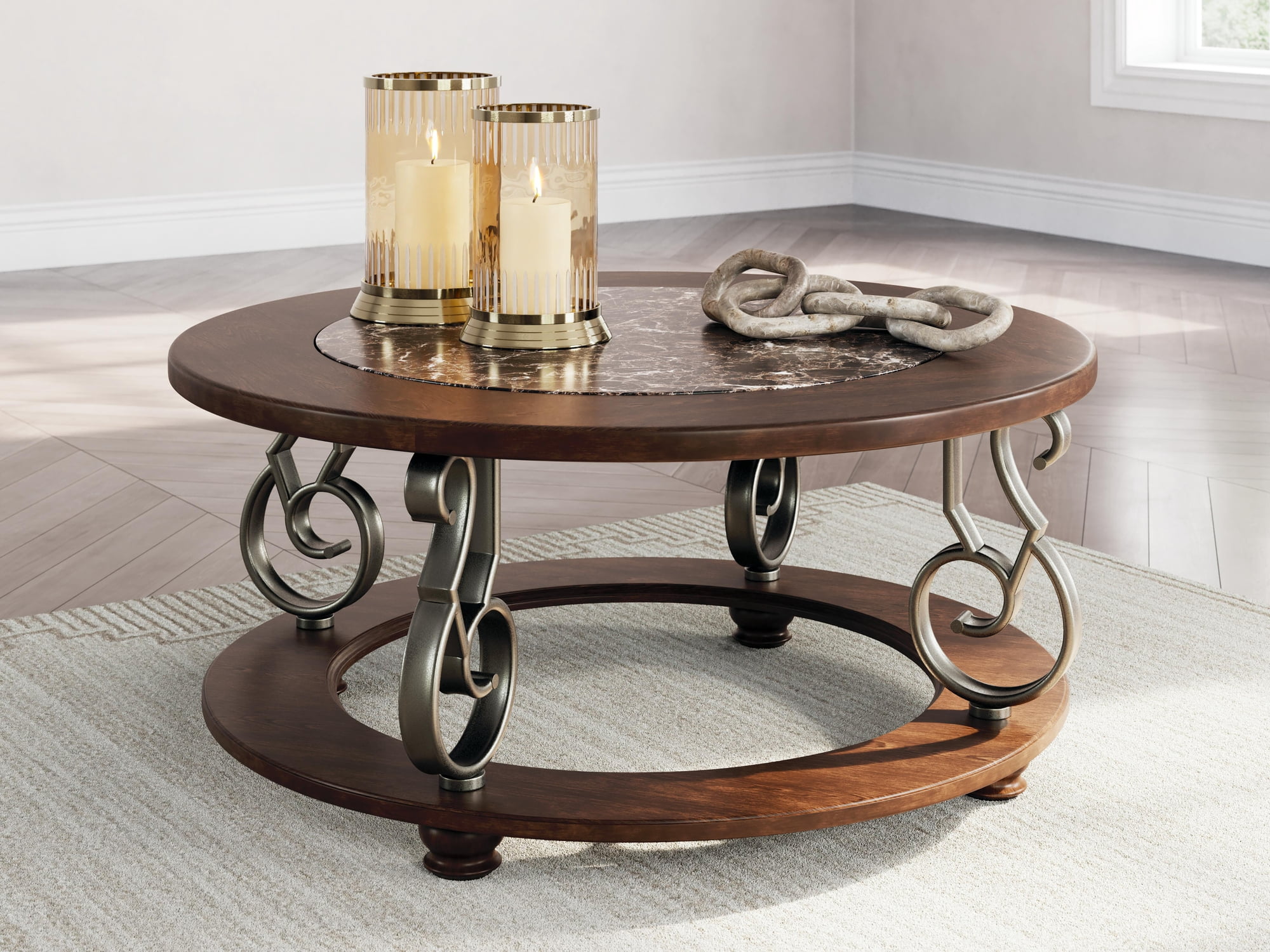 Signature Design by Ashley Frallyn Coffee Table - Dark Brown Finish with Faux Marble Top and Metal Legs