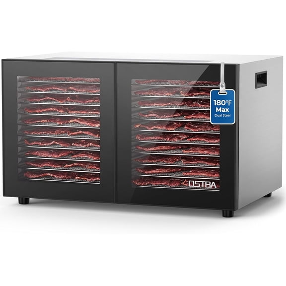 OSTBA Dual Zone Food Dehydrator, 1300W 20-Tray Stainless Steel Double-Layer Food Dryer, 95–180℉ Adjustable Temp, 48H Timer, 10 Presets, Recipe Included for Jerky, Meat, Fruit & Herbs