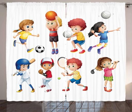 Kids Sports Curtains 2 Panels Set Children Playing Soccer