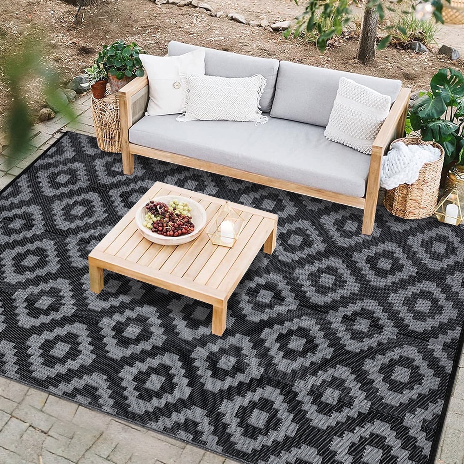 Garvee Waterproof Outdoor Rug 9'x18' Reversible Plastic Patio Rugs, Portable Modern Abstract Indoor Outdoor Carpet for Camping, Balcony, Deck, Backyard, Black & Gray, with Storage Bag