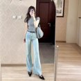 thumbnail image 2 of light blue Micro-blared Jeans High Waist Slim-fit  Summer New Stretch Slim-fit Micro-flared Trousers, 2 of 4