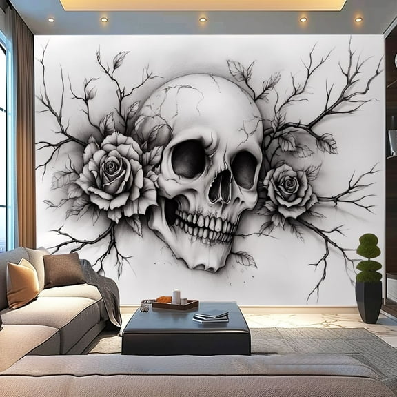 Peel and Stick Wallpaper Canvas Skull Boho Floral Black White Halloween Gothic Skulls Roses Floral Modern Art Wall Mural Decor Self Adhesive and Removable 100in x 144in