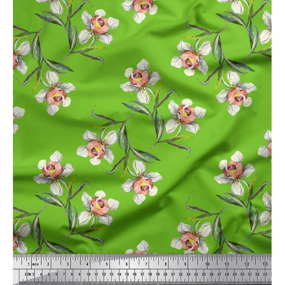 Soimoi Green Cotton Cambric Fabric Leaves & Daffodil Floral Fabric Prints By Yard 56 Inch Wide
