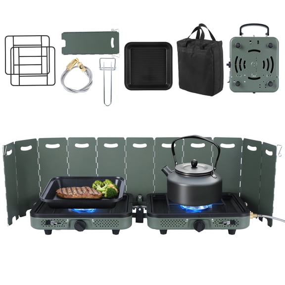 Eosunjian 2 Burner Portable Folding Camping Stove Gas Stove with Windshield,Frying Pan, Carrying Bag,20000 Btu Propane Stove _Green