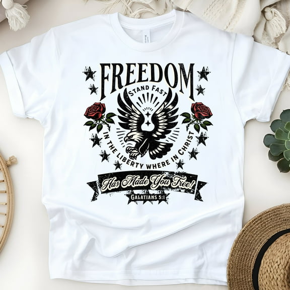 Freedom in Christ Shirt – Galatians 5:1 Bible Verse Christian Graphic Tee, White, Size S