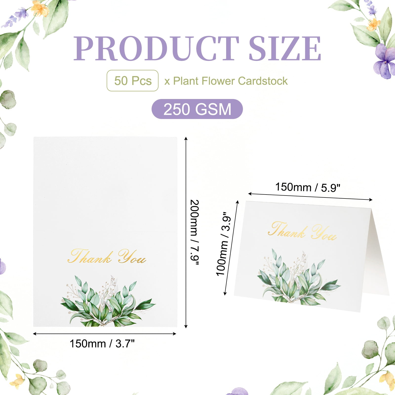 Uxcell 50Pcs Thank You Cards, 5.9"x7.9" Floral Folded Blank Cardstock, Thank You Notes for Greeting Cards Wedding Graduation Birthday DIY Craft Invitations, Leaf Cluster Style