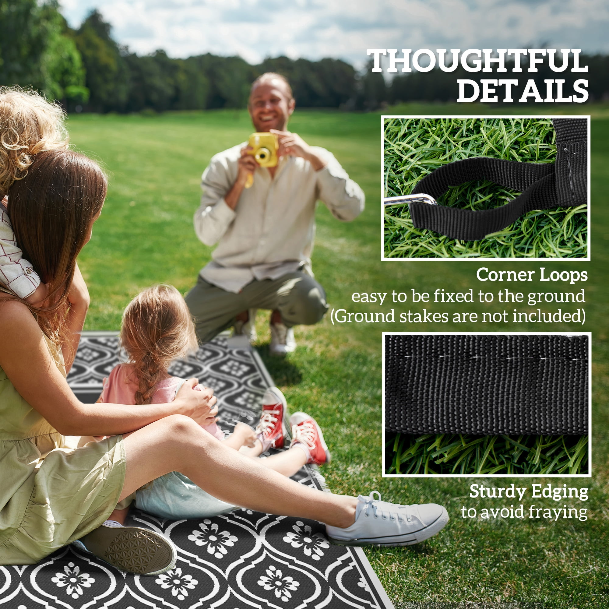 Outsunny Outdoor Patio Rug, Large Camping Carpet with Carrying Bag, 9' x 18' Waterproof Plastic Straw, Reversible, Black & White Gourd Border