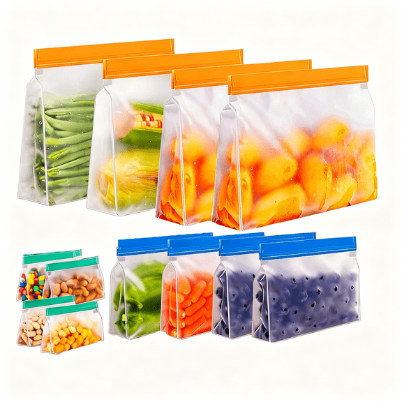 Reusable Stand Up Freezer Storage Bags 12 Pack, 4Gallon 4Quart 4Snack Size, BPA Free Leakproof Dishwasher Safe Reusable Sandwich Bags for Meal Prep, Marinating & Kitchen Organization