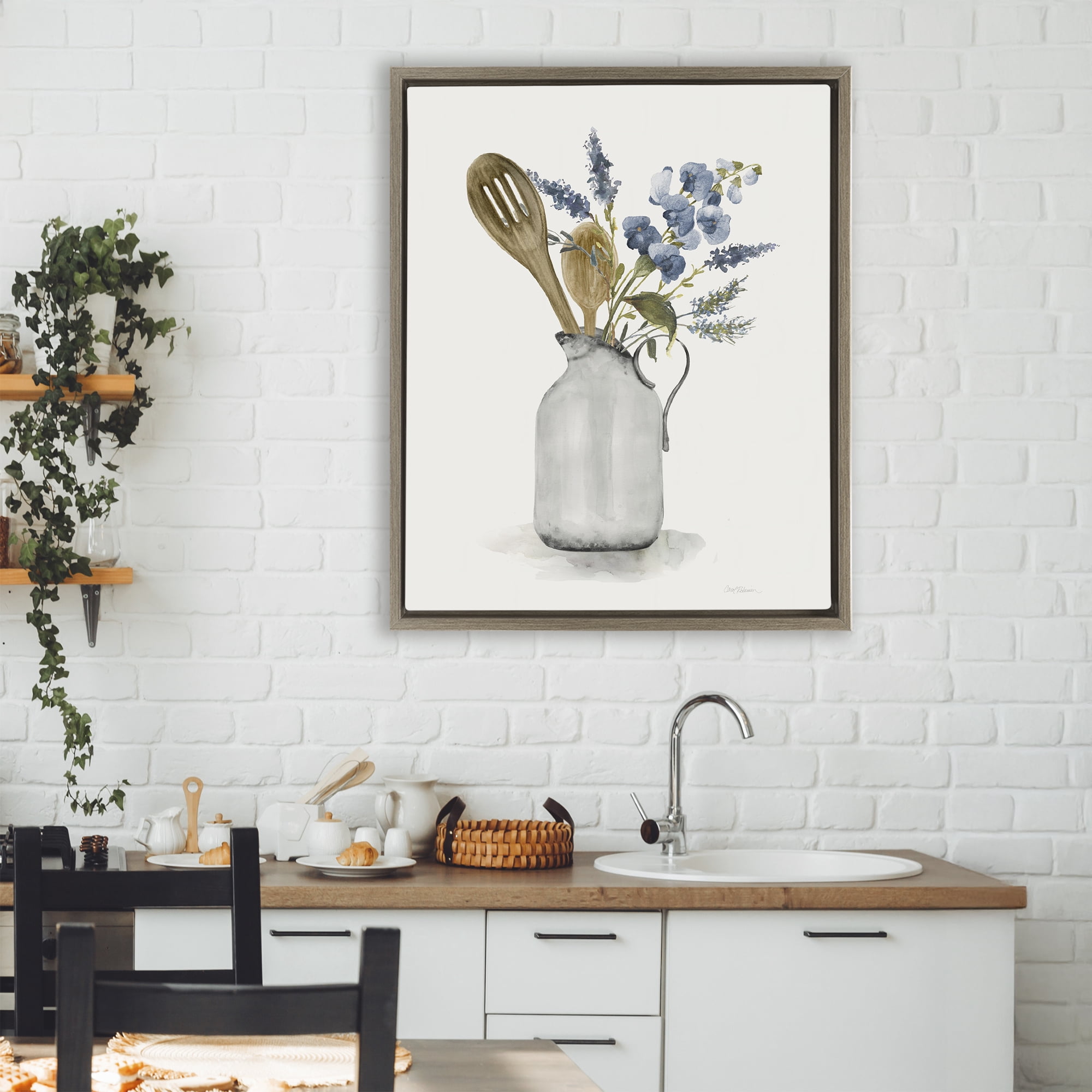Stupell Industries Vintage Pitcher with Utensils Brown Framed Floater Canvas Wall Art, design by Carol Robinson