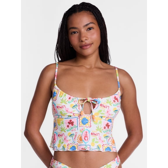 No Boundaries Multi Fruit Print Ruffle Tankini Swim Top, Women's XXS-XXL