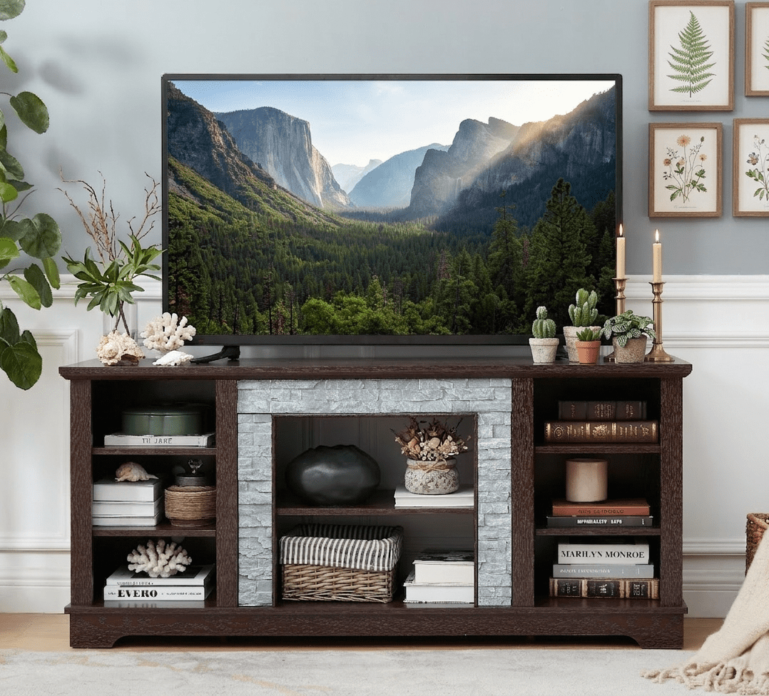 Eyisean 58" W Modern TV Stand with Large Storage Space, Entertainment Center with Faux Stacked Stone, Wood Media Console Table for TVs Up to 65", Rack for Living Room
