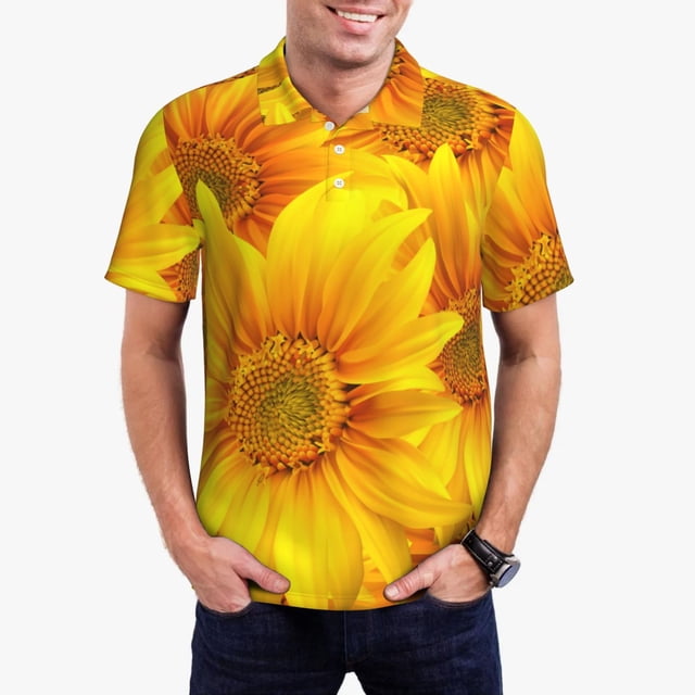 Balery 3D Sunflowers Camisa Polo de Hombre con Estampado, de Manga Corta y Tejido Medio, Camisa Tipo Golf Polo-X-Large