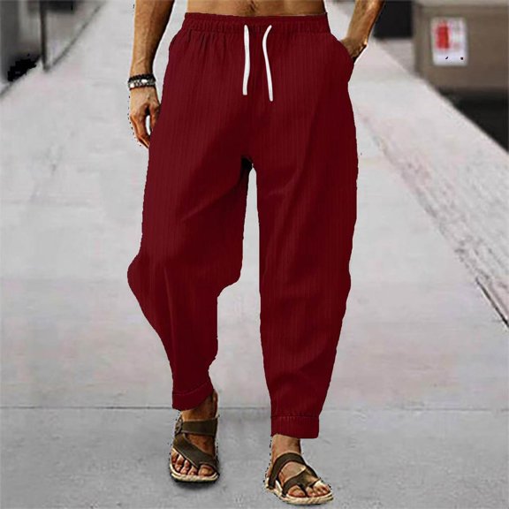 DayScoop Casual Pants for Men Summer Pants Fashion Drawstring Solid Color Thin Breathable Linen Sport Pocket Trousers