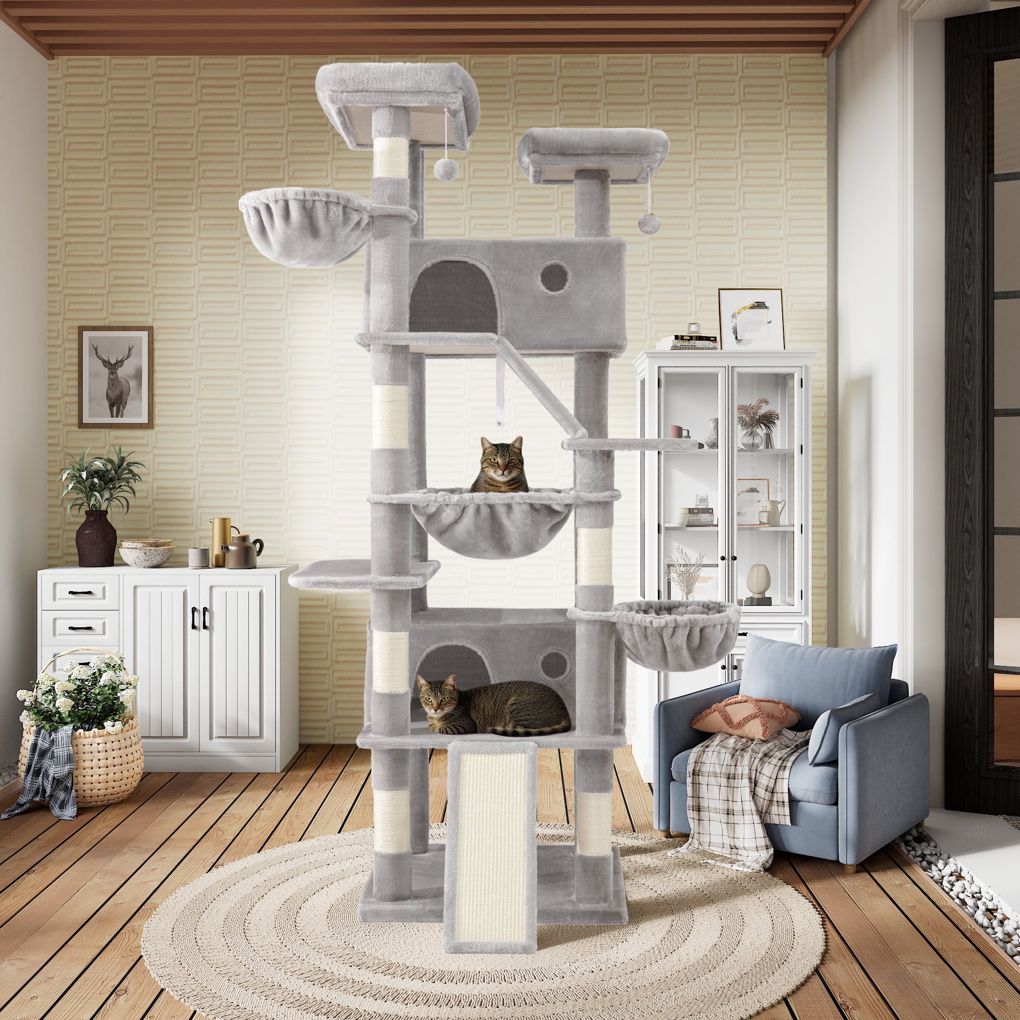 Sha Cerlin 81" Large Cat Tree Tower with Cat Condo & Hammock, Multi-Level & Sisal Scratching Post, Grey