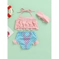 thumbnail image 5 of Toddler Baby Girls 3Pcs Bikini Set Solid Color Ruffle Halter Tops+Print Shorts+Headband Cute Kids Baby Swimwear Beachwear 0-3Y, 5 of 10