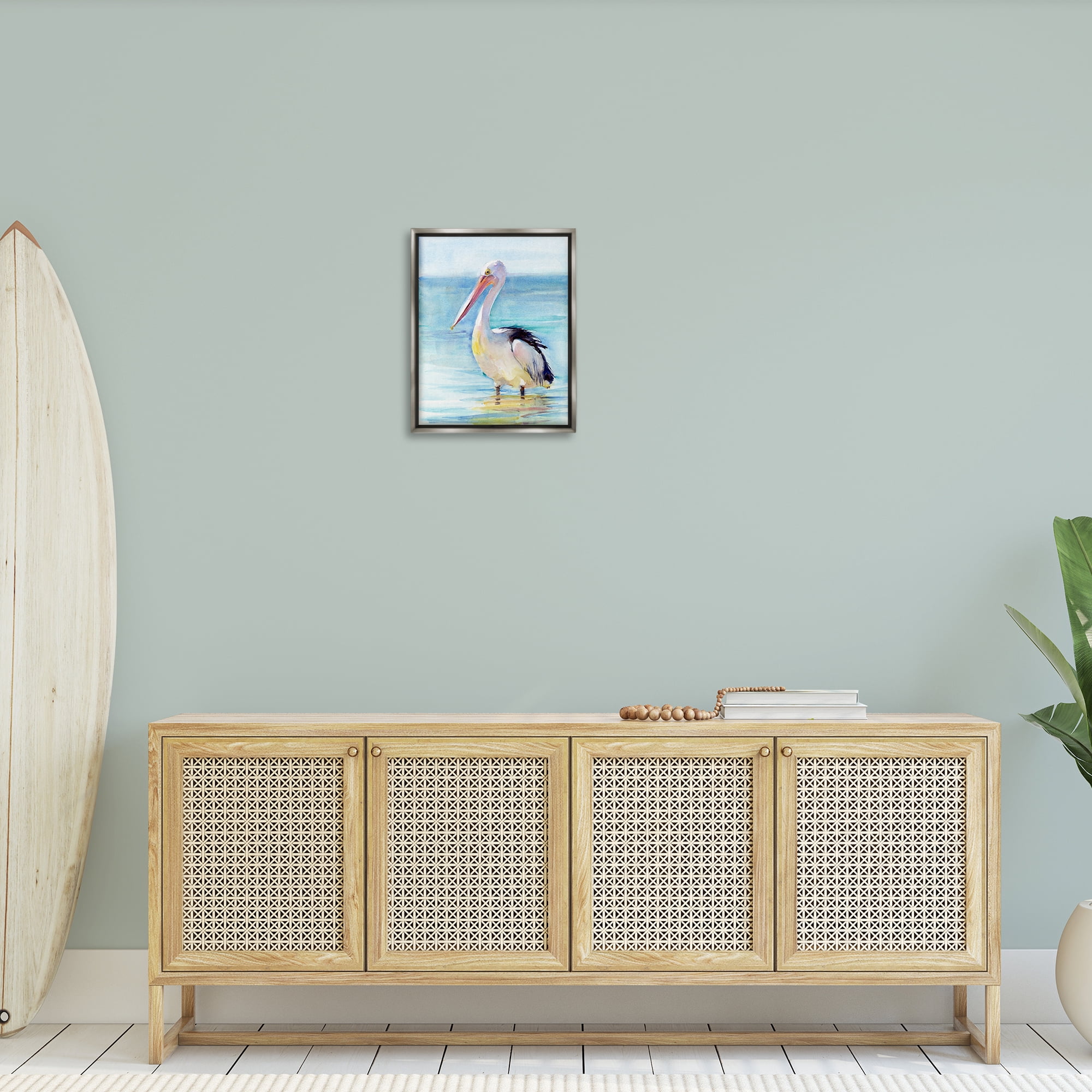 Stupell Industries Pelican Wading in Sea Nautical & Beach Painting Gray Floater Framed Canvas Art Print Wall Art, 17 x 21