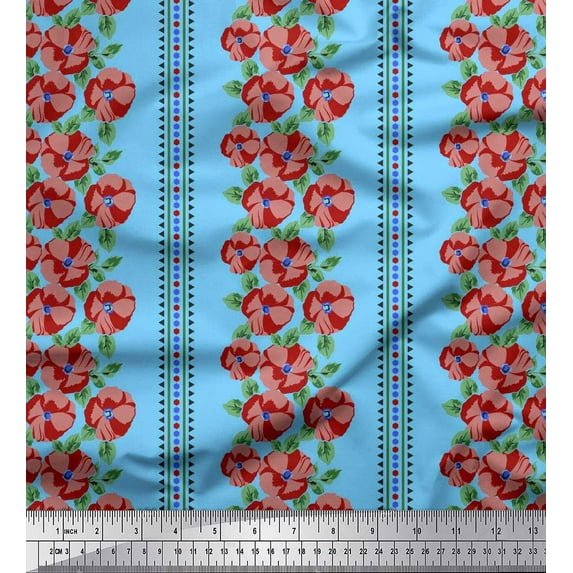 Soimoi Cotton Poplin Fabric Stripe,Leaves & Floral Artistic Printed Fabric 1 Yard 56 Inch Wide