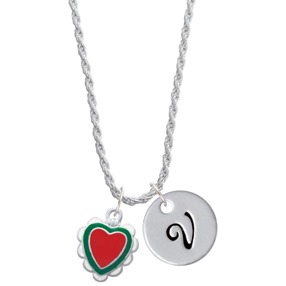 Delight Jewelry Red & Green Heart with White Ruffles Silvertone Script Initial Disc - V - Charm Necklace, 20"+3"